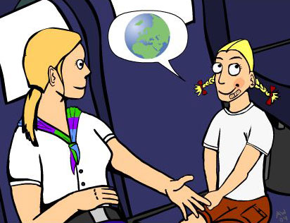 Illustration: Kvinnan (Barbara) och flickan (Fifi) pratar med varandra. Pratbubbla hos flickan där det finns ett jordklot