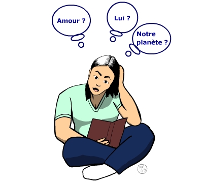 Illustration på en ung kvinna som läser i en bok, som det står "lexique" på och tankebubblor med orden "amour, moi, Notre Planète"