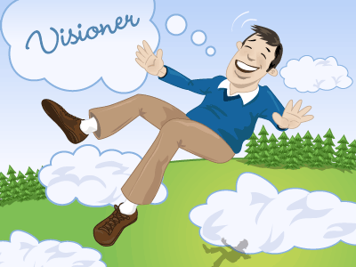 Bilden visar en man, svävande i luften med en tankebubbla där det står Visioner.