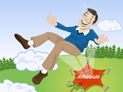 Bilden visar en människa som studsar upp i luften från en studsmatta. På studsmattan står det Affärsidé.