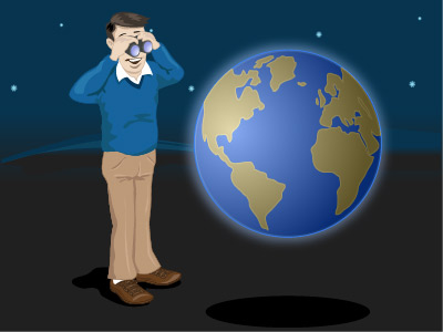 Illustrationen visar en man som står och tittar på jorden i en kikare. 