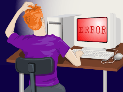 Bilden visar Sven Nevs. Han sitter vid en dator som inte fungerar. På skärmen står det ”Error”.