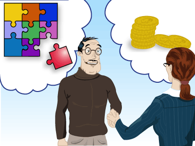 Illustrationen visar en anställningsintervju mellan en kvinna och man. 