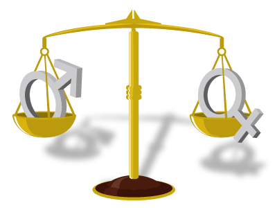 Illustrationen visar en våg. I ena vågskålen syns symbolen för kvinna och i den andra syns symbolen för man. Vågskålarna väger lika mycket. 