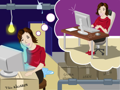 Bilden visar en kvinna som sitter vid ett skrivbord i ett slitet och nedgånget kontor. Hon drömmer om en ny, fräsch och ergonomisk arbetsplats.