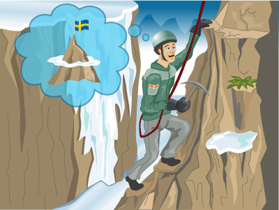: Illustrationen visar en bergsklättrare på väg uppför ett högt berg. I tankebubblan syns en bild där bergsklättraren får sätta flaggan på toppen av berget – bergsklättrarens målbild.