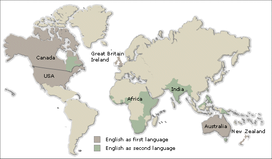 World map showing which countries use English.